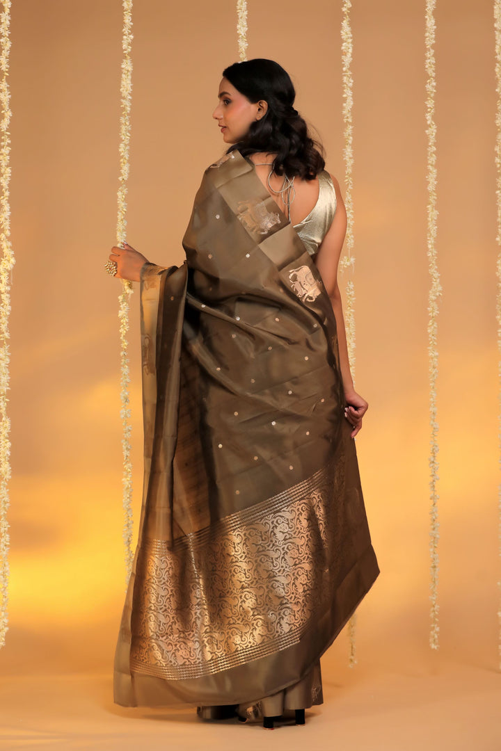 handwoven banarasi pure mashru silk kamdhenu motif satin border saree back view