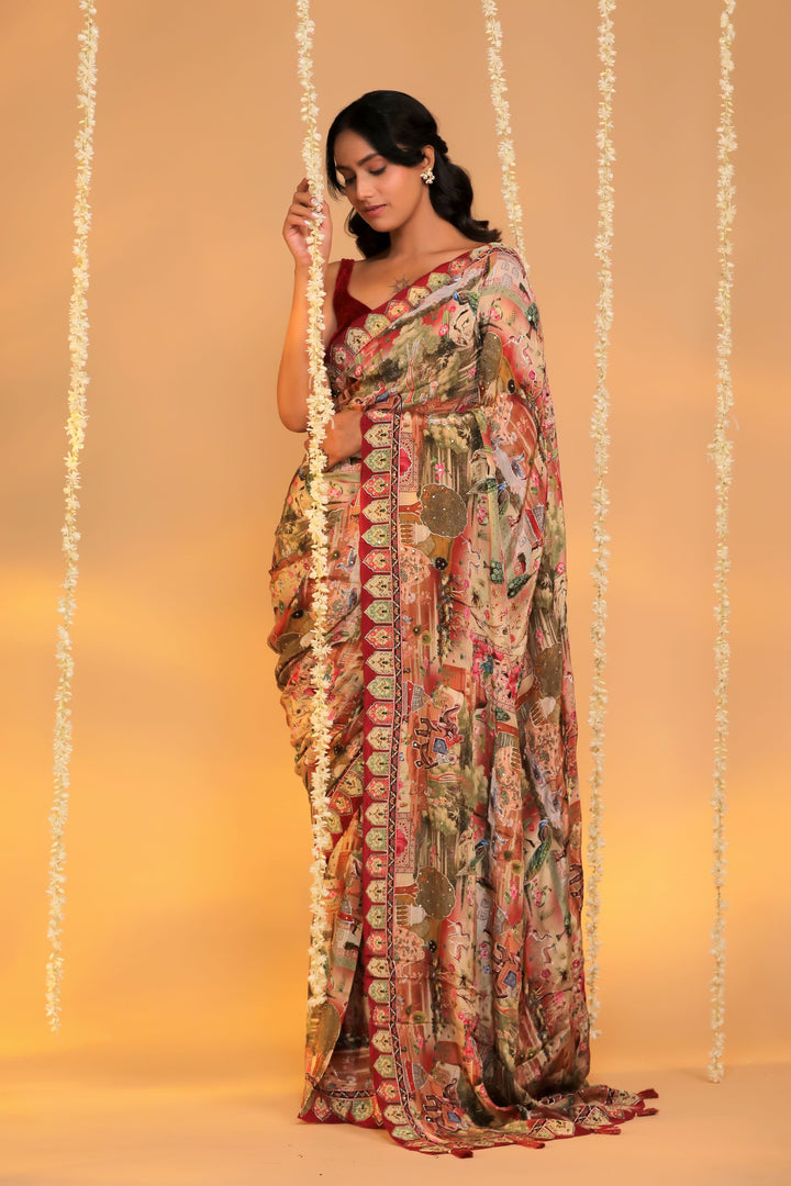 cherry red crepe silk katha embroidery figure motif saree front view 2
