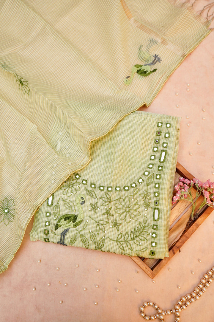 Pastel Green Pure Chanderi Kota Fabric with French Knot Thread Embroidery