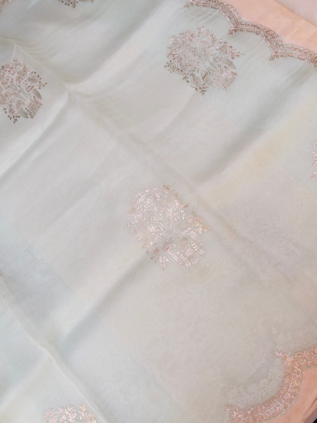 Powder Blue Pure Handloom Organza Saree with Pitta Zari Embroidery Border Handloom Brocade Blouse View 2