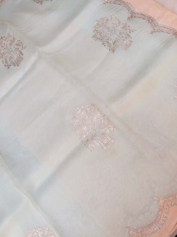 Powder Blue Pure Handloom Organza Saree with Pitta Zari Embroidery Border Handloom Brocade Blouse View 2
