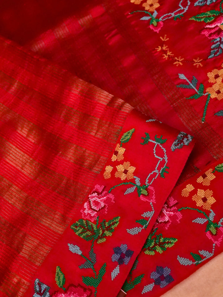 Handwoven Bridal Red Pure Silk Saree with Tissue Stripes Cross Stitch Hand Embroidery Border View 3