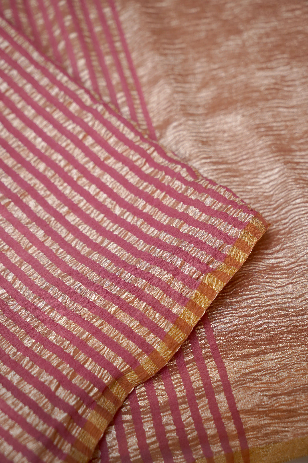 Soft Peach Muga Georgette Saree with Zari Stripe Weave