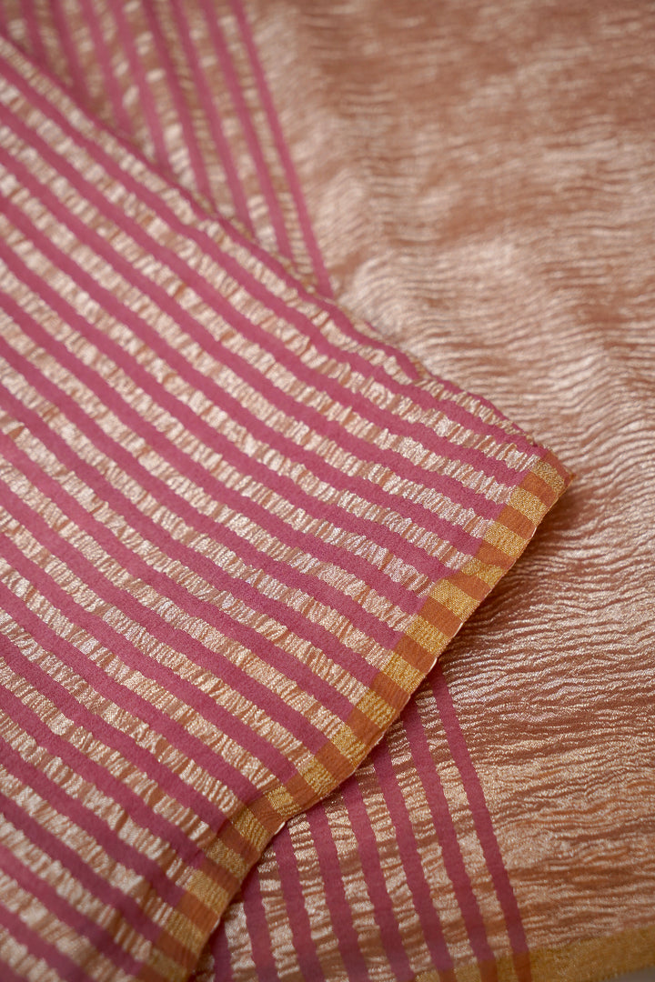 Soft Peach Muga Georgette Saree with Zari Stripe Weave