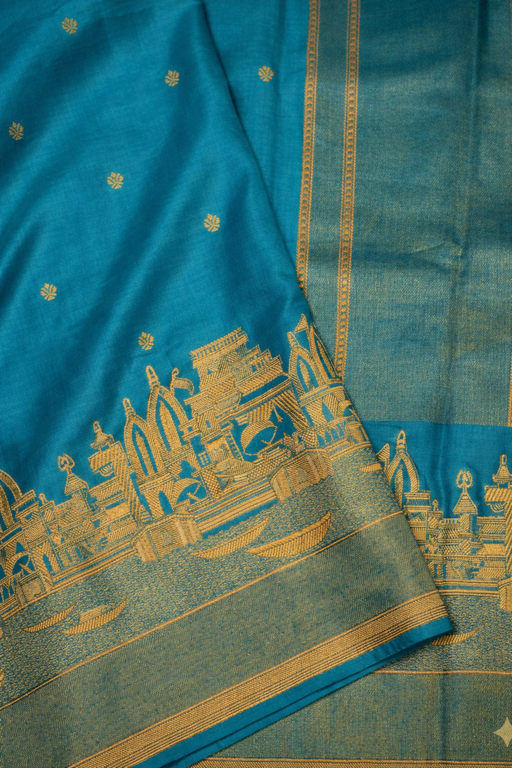 Teal Blue Banarasi Mashru Silk Saree with Ghat Designing Border