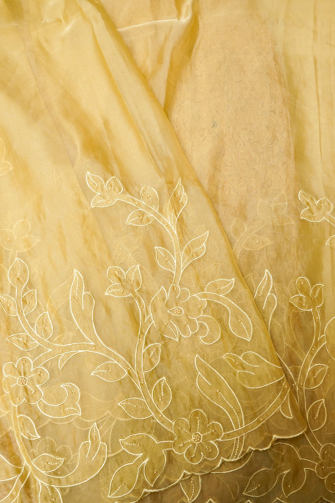 Pastel Yellow Organza Tissue Saree with Resham & Pearl Embroidery with Tissue Blouse