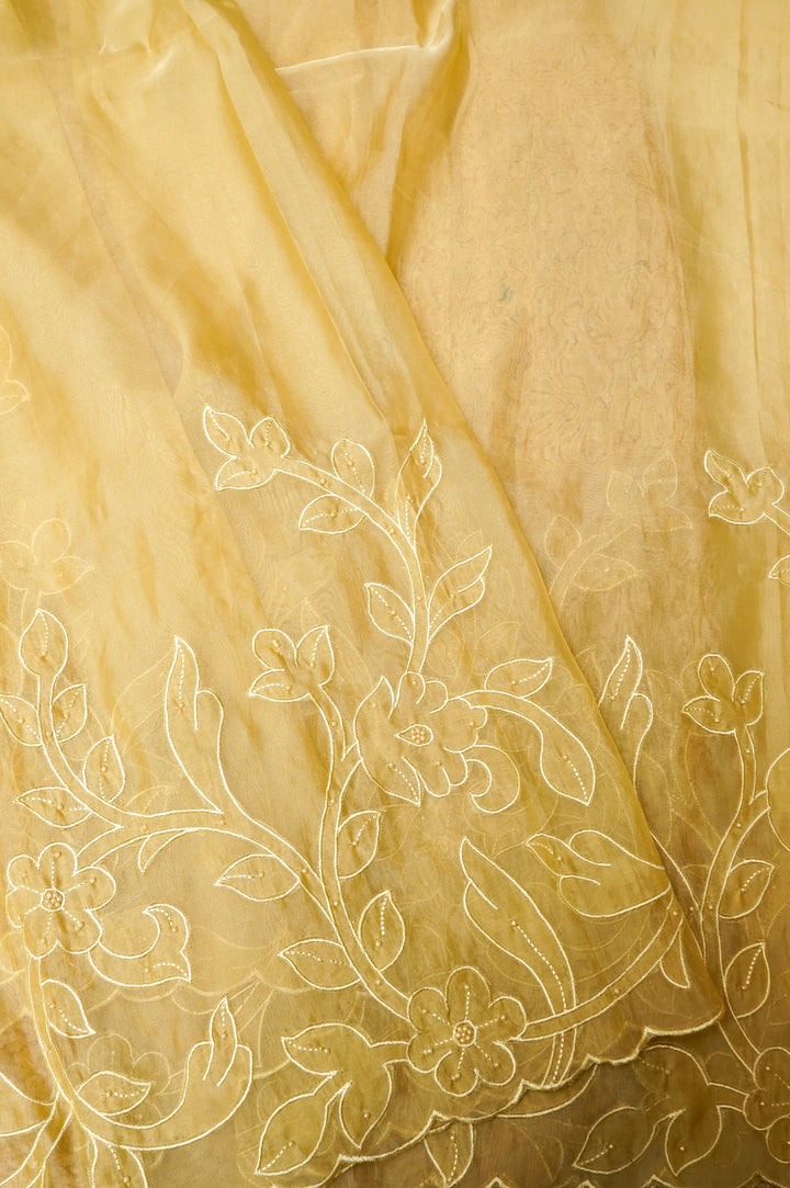 Pastel Yellow Organza Tissue Saree with Resham & Pearl Embroidery with Tissue Blouse