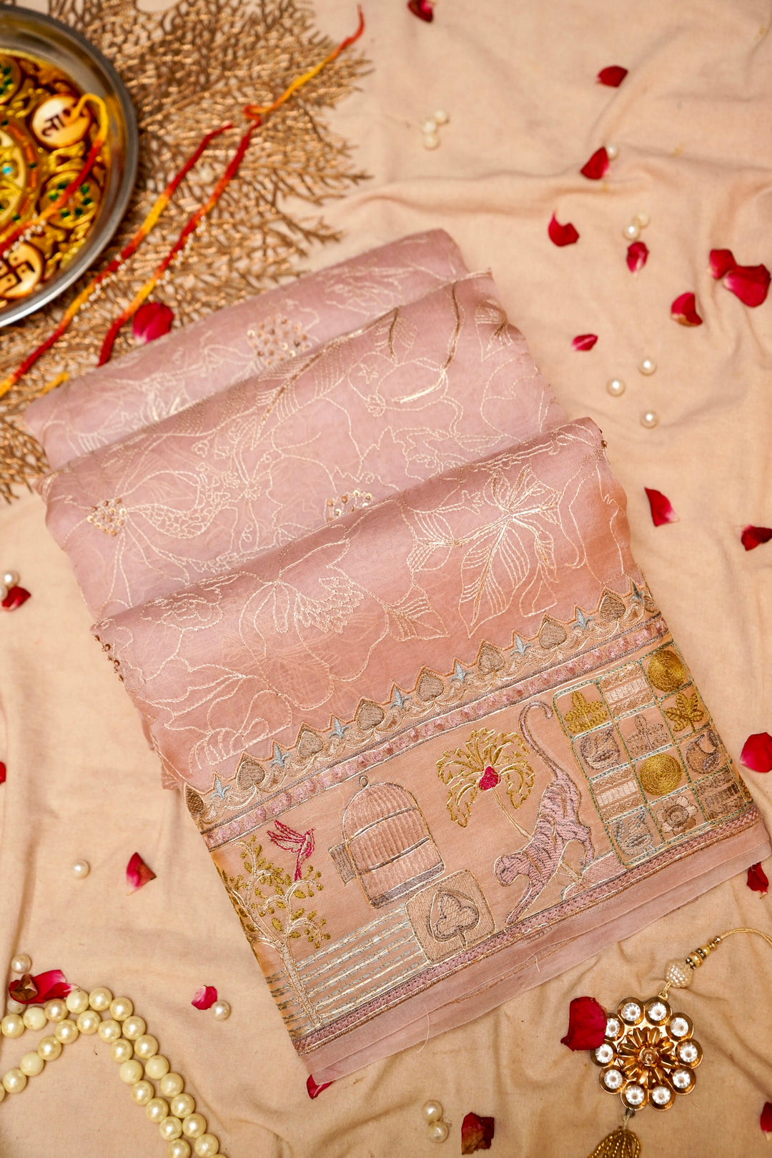 Designer Baby Pink Resham Pitta Zari Embroidery Pure Organza Saree View 1
