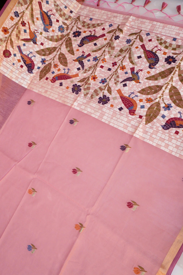 Pink Banarasi Cotton Silk Saree with Tilfi Meenakari Bird Motif Pallu