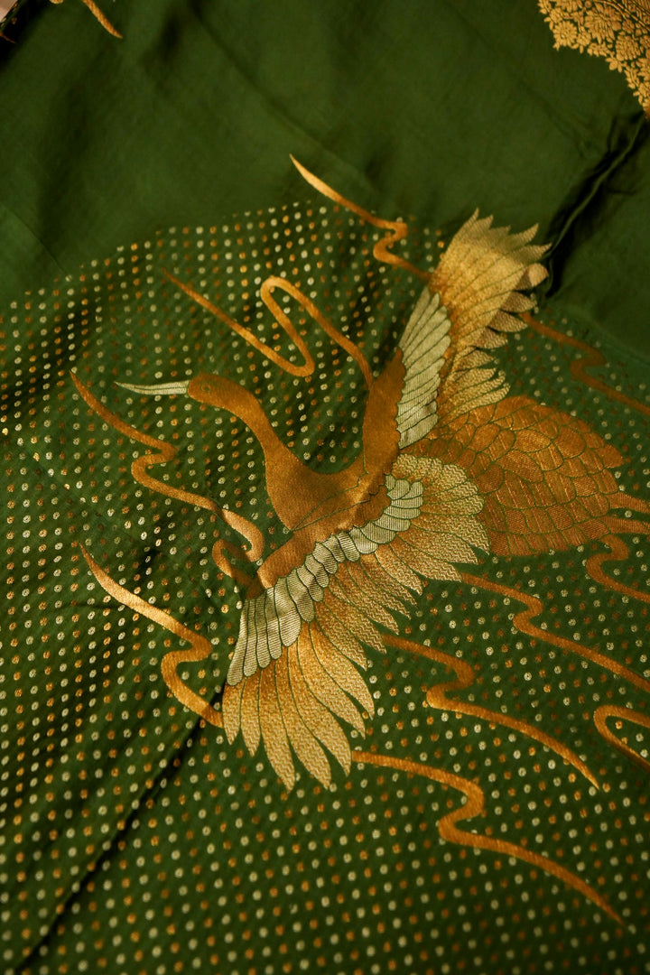 Green Banarasi Satin Crepe Bandhej Weaving Saree with Birds Motif