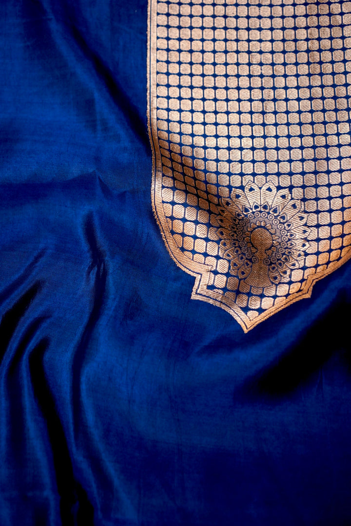 Pure Katan Silk Co-Ord Set Fabric – Peacock Regal Jaal Weave | Royal Dark Blue