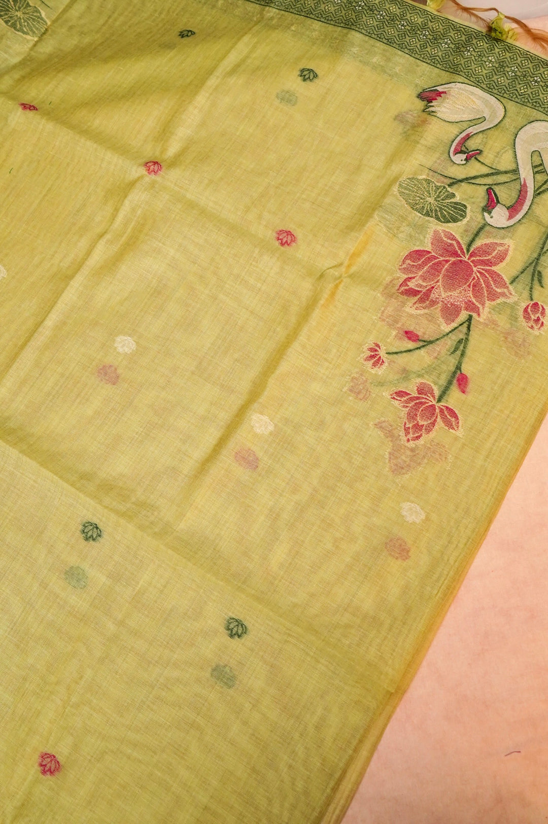 Pale Olive Green Cotton Silk Suit Set with Resham Embroidery