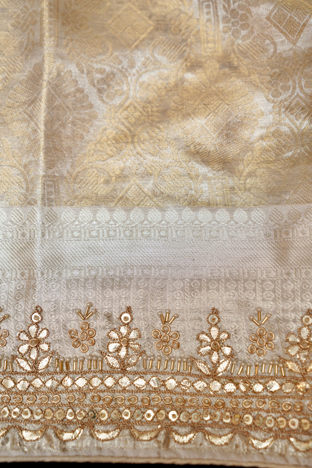 Beige Gold Designer Banarasi Brocade Tissue Silk Saree with Hand Embroidery