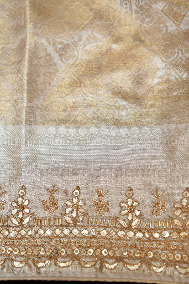 Beige Gold Designer Banarasi Brocade Tissue Silk Saree with Hand Embroidery