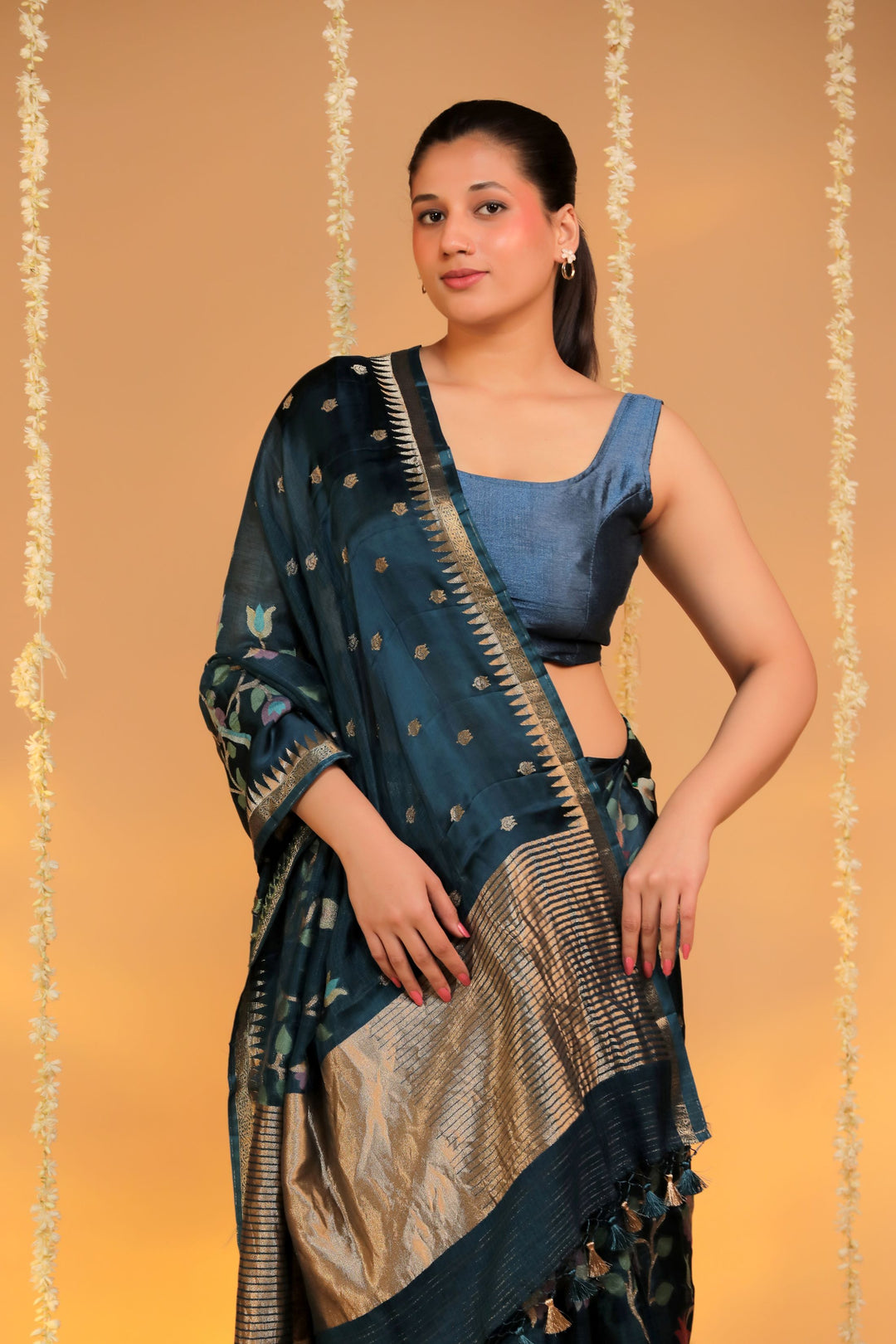 teal blue kota silk figure motif silk border saree front view 3
