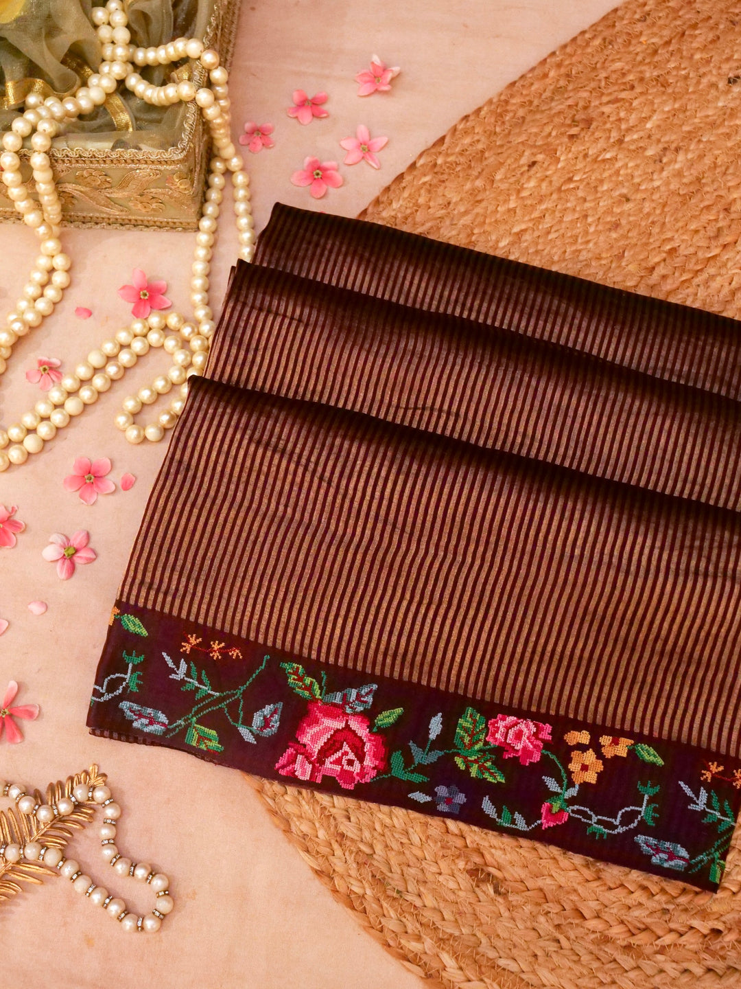 Handwoven Dark Purple Pure Silk Saree with Tissue Stripes Cross Stitch Hand Embroidery Border View 2