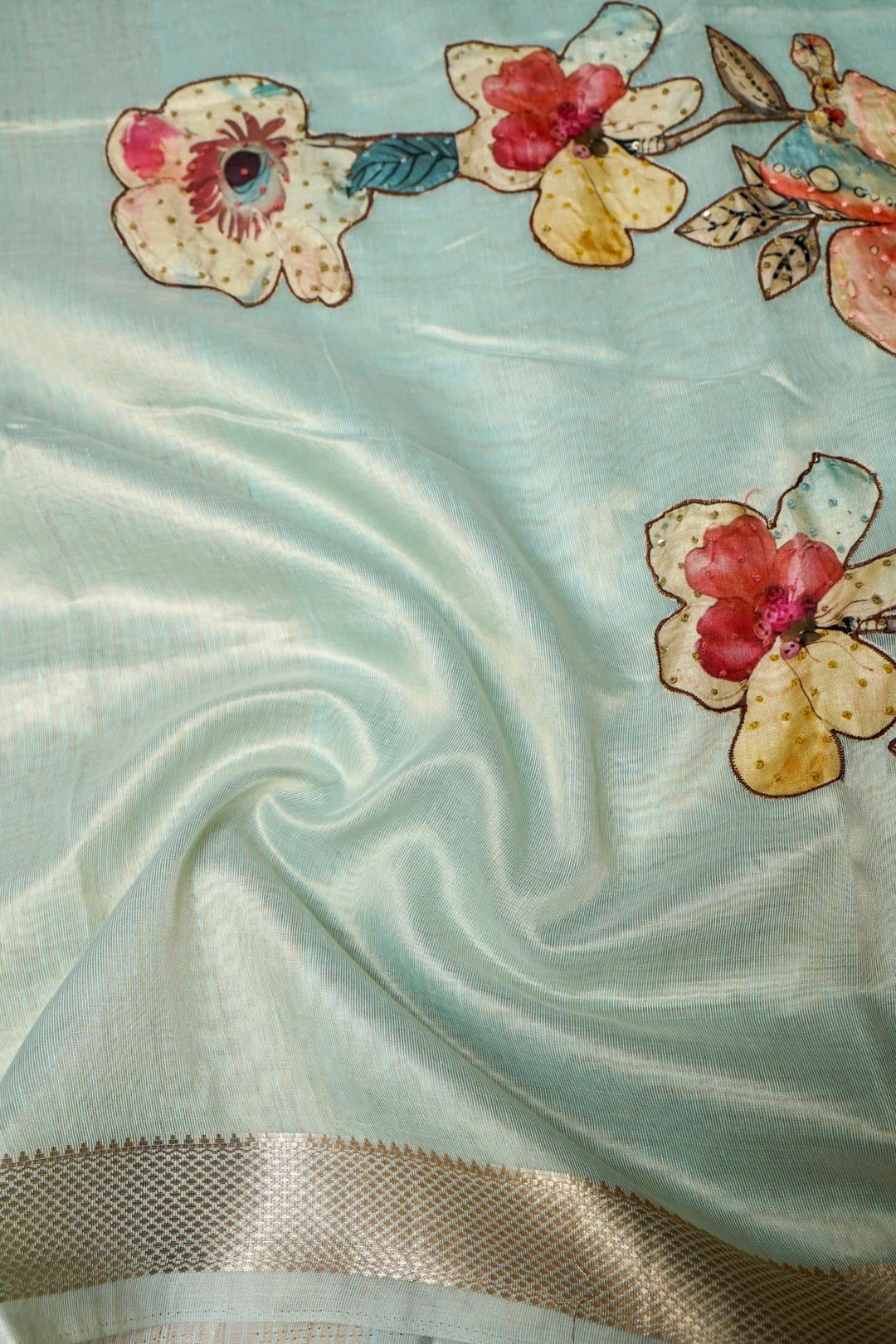 Sky Blue Chanderi Tissue Saree with Appliqué & Katha Embroidery