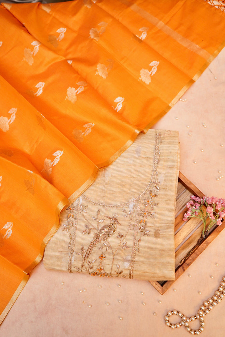 Unstitched Beige Gold Pure Chanderi Silk Suit with Yellow Contrast Dupatta