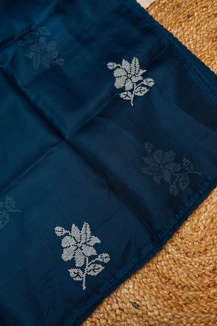 Teal Blue Pure Kota Suit Set with Cross Stitch Embroidery View 2