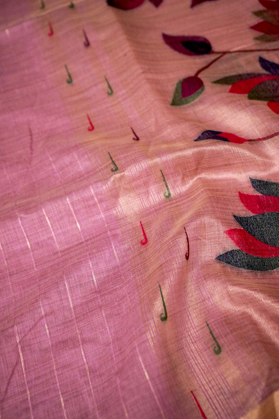 Elegant Pink Cotton Silk Saree with Zari Stripe Weave Paithani Pallu View 5