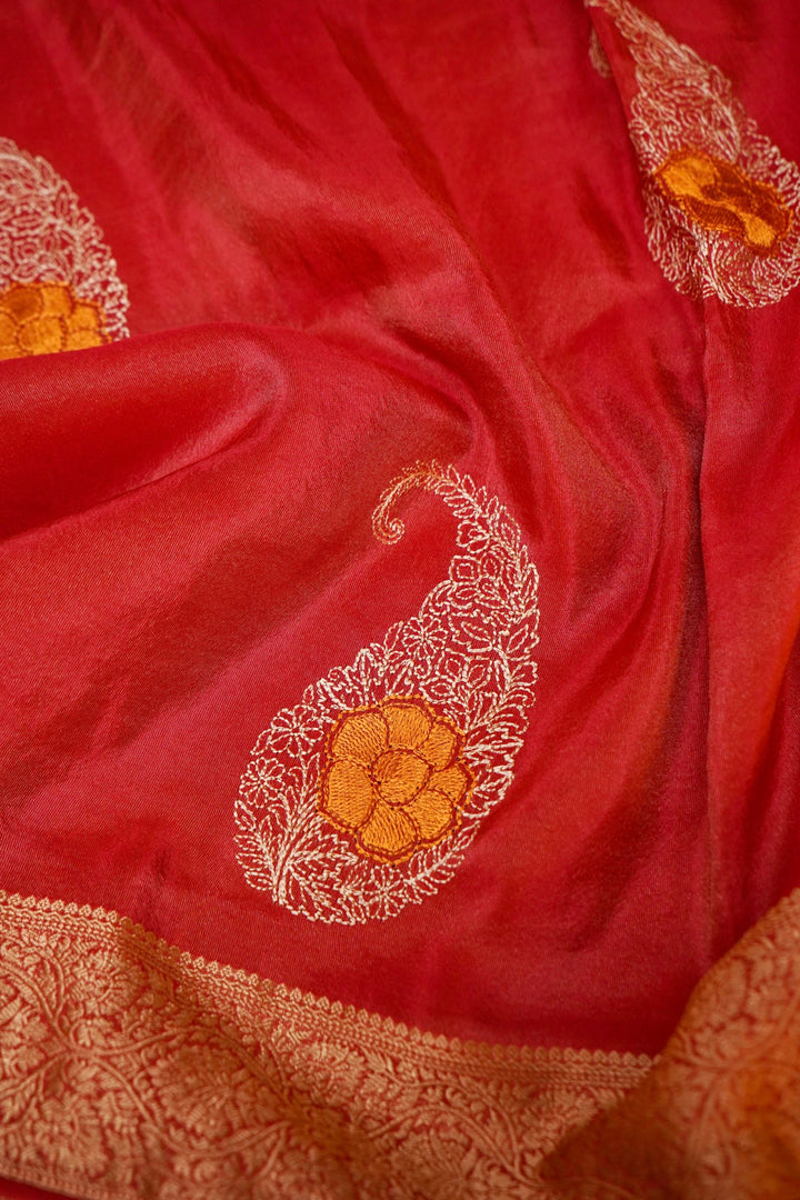 Crimson Red Soft Tissue Saree with Resham Embroidery &amp; Carry Boota