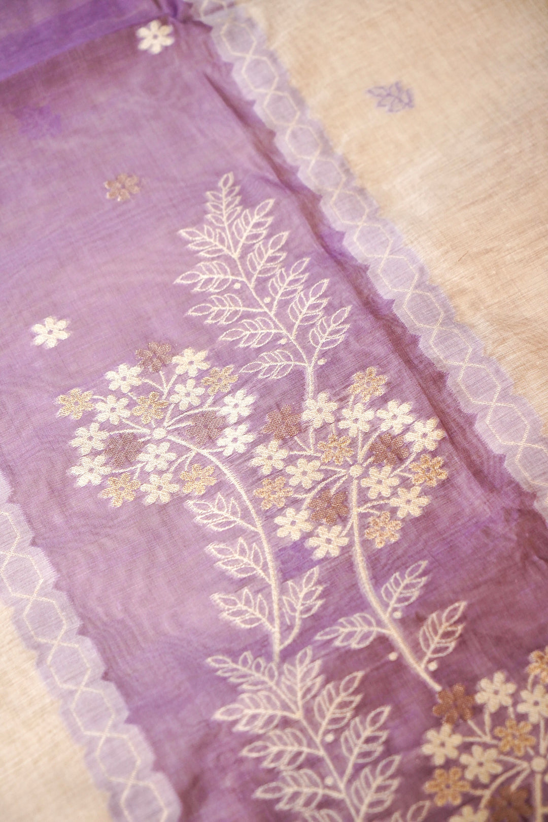 Off White &amp; Lavender Floral Woven Unstitched Suit Set