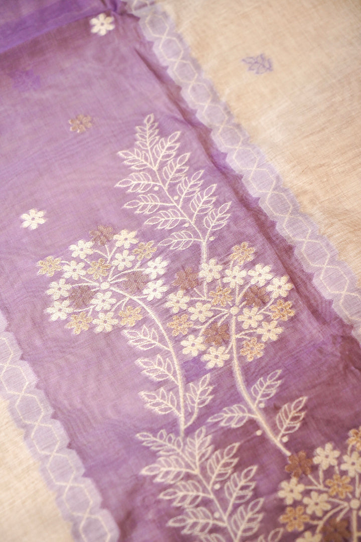 Off White &amp; Lavender Floral Woven Unstitched Suit Set