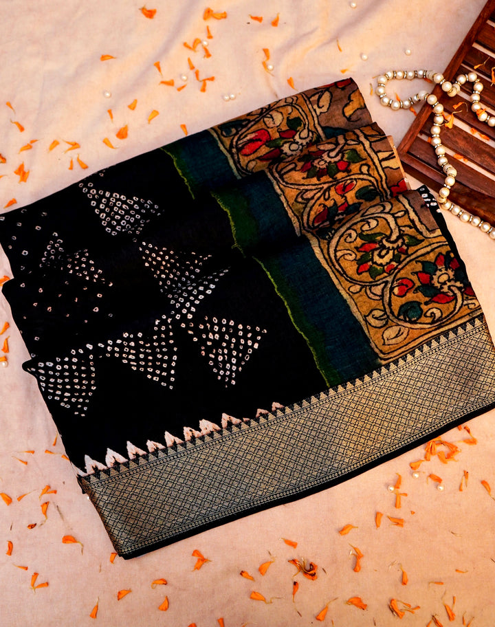 Classic Black Kalamkari and Bandhej Printed Silk Saree