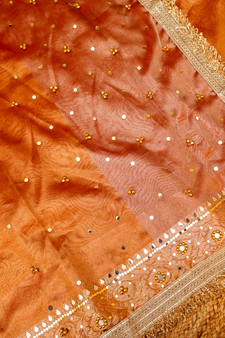 Pumpkin Orange Viral Ghungru Tissue Silk Saree with Mirror Work View 2