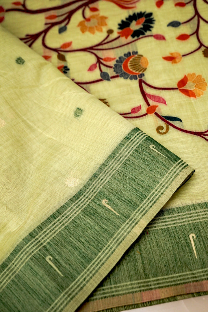 Elegant Pista Green Cotton Silk Saree with Thread Zari Bootidar Weave Jamdani Inspired Pallu View 3