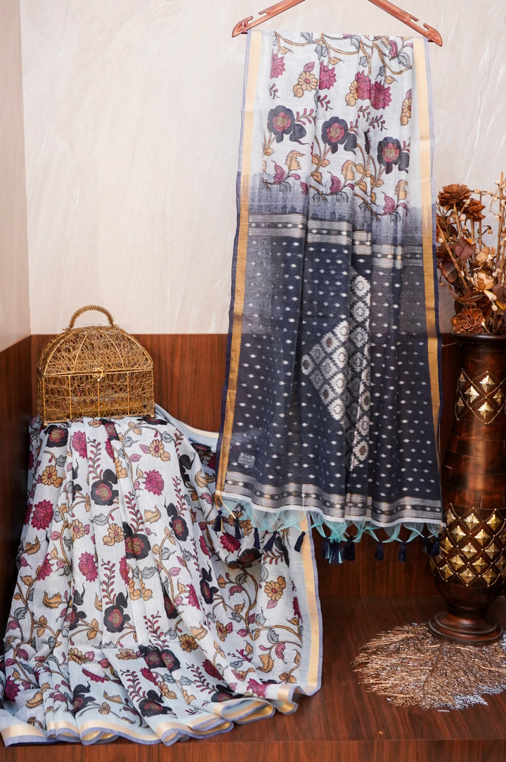 Light Blue Cotton Silk Saree with Floral Print &amp; Contrast Black Pallu