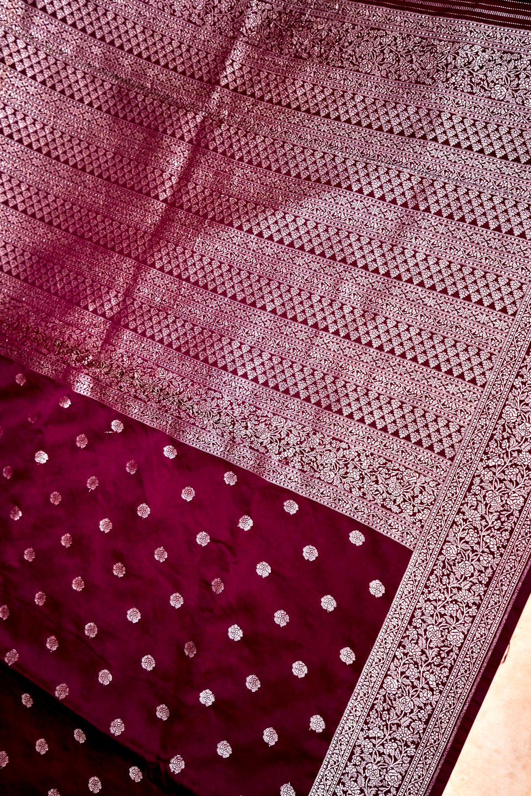 Regal Elegance in Wine Mashru Silk Saree with All-Over Silver Zari Weave