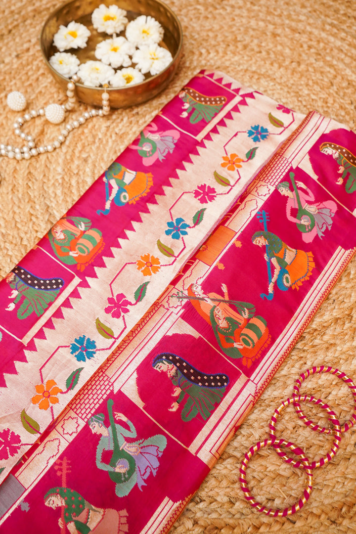 Pink Handloom Banarasi Pure Katan Silk Shahi Saree with Paithani Border & Pallu