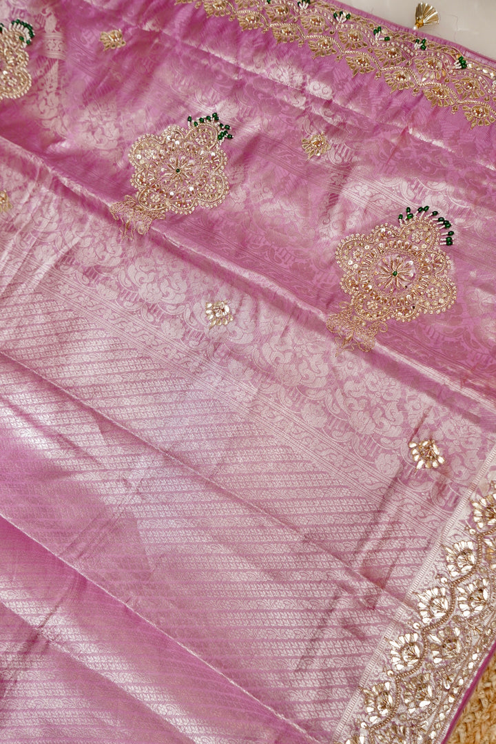 Baby Pink Designer Banarasi Brocade Tissue Saree with Hand Embroidery