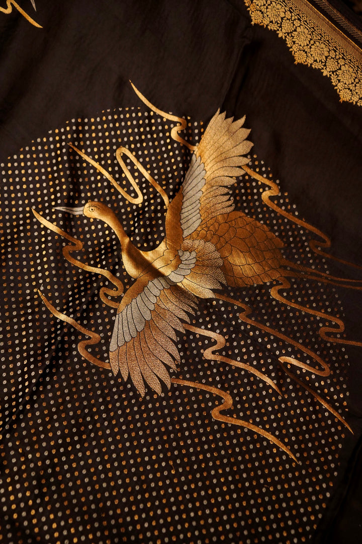 Black Banarasi Satin Crepe Bandhej Weaving Saree with Birds Motif