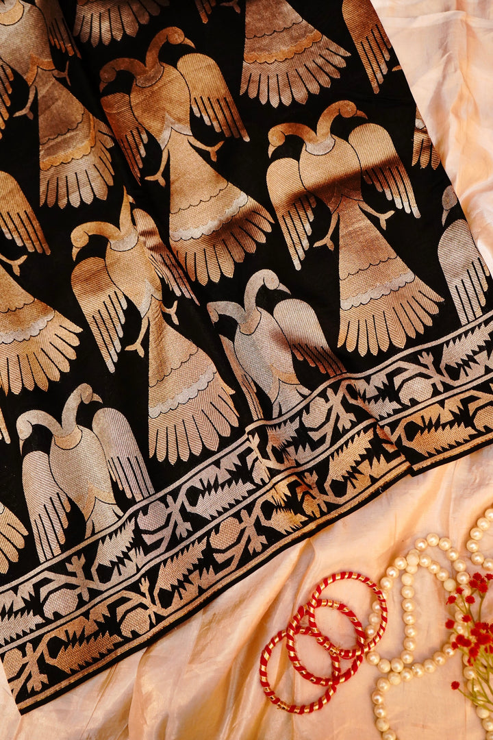 Opulent Black Nita Ambani Inspired Munga Crepe Birds Motif Cocktail Saree Collection