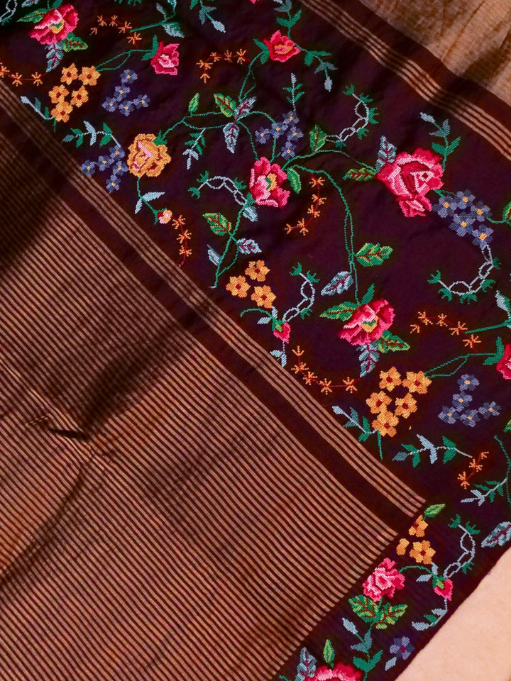 Handwoven Dark Purple Pure Silk Saree with Tissue Stripes Cross Stitch Hand Embroidery Border View 2