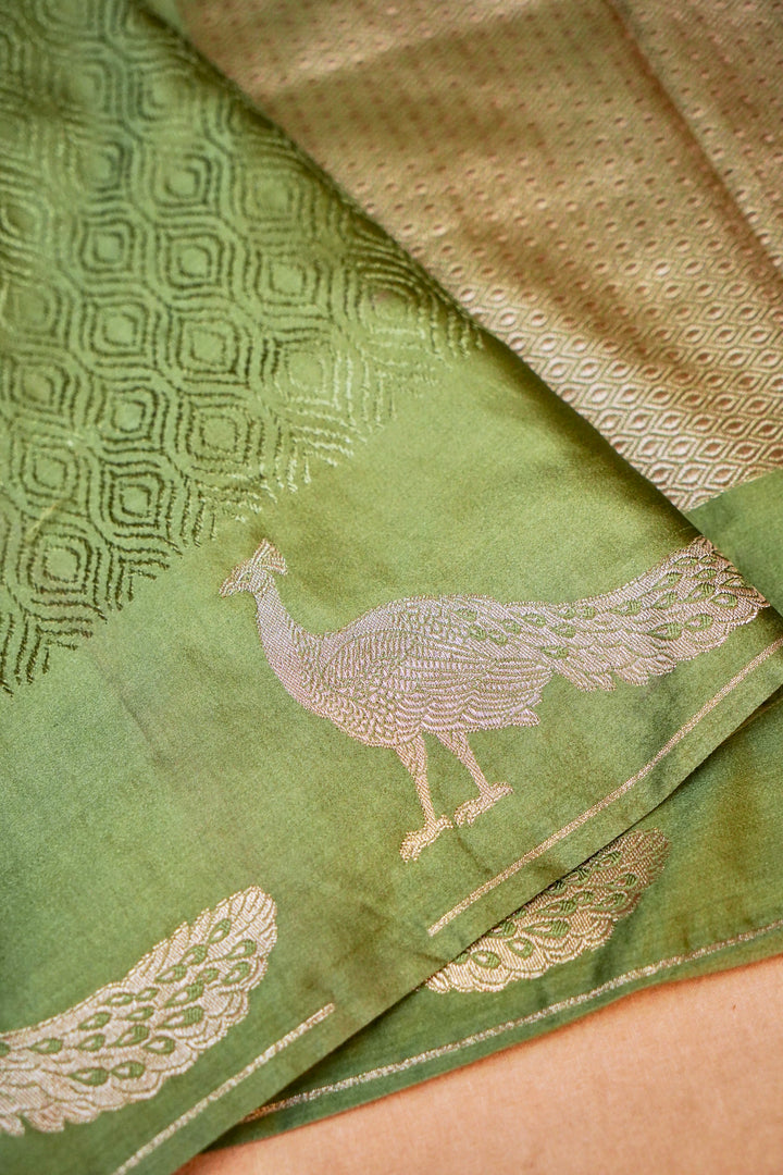 Ethereal Beauty in Pastel Banarasi Mashru Silk Saree with Tanchoi Weave & Bird Motif Border