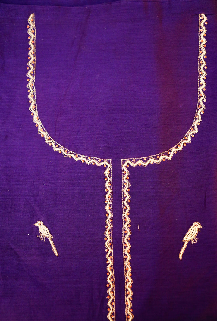 Purple Pure Chanderi Silk Suit Set with Pearl Work Birds Motif