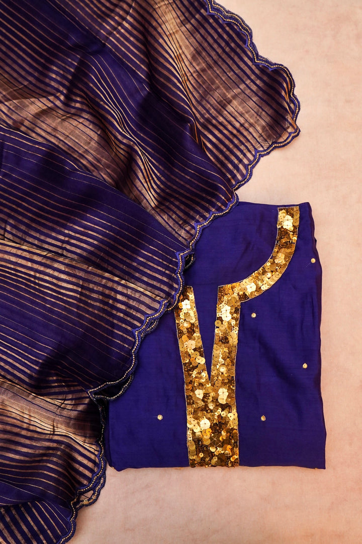 Violet Pure Chanderi Silk Suit Set with Antique Embroidery