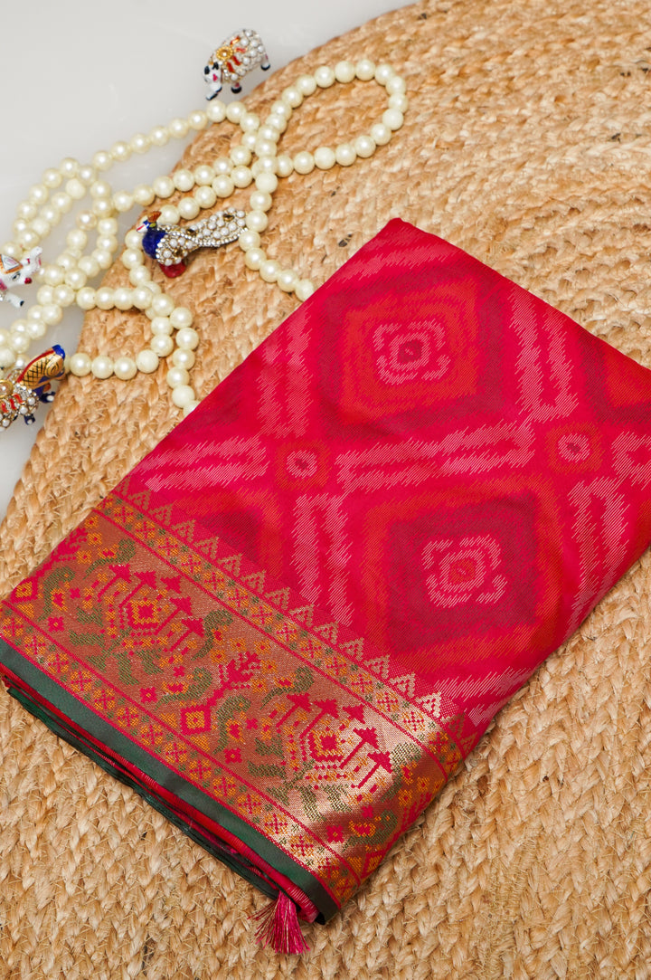 Pink Soft Silk Ikat Inspired Bridal Saree with Golden Zari Heavy Border & Pallu