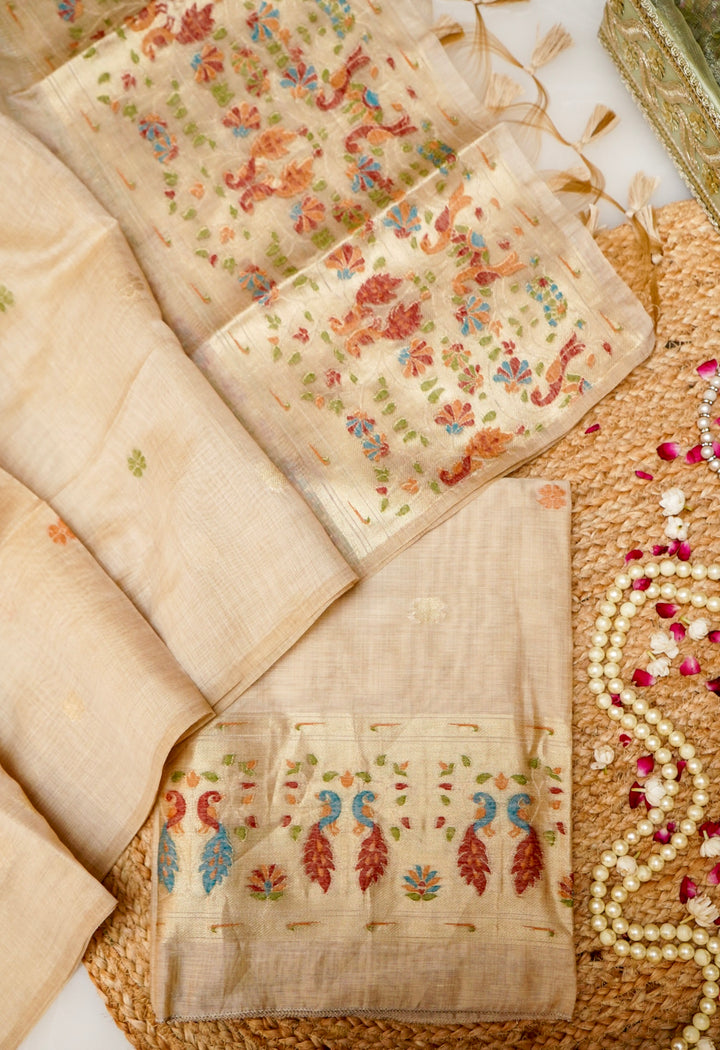 Beige Handwoven Cotton Unstitched Suit Set with Peacock Woven Dupatta