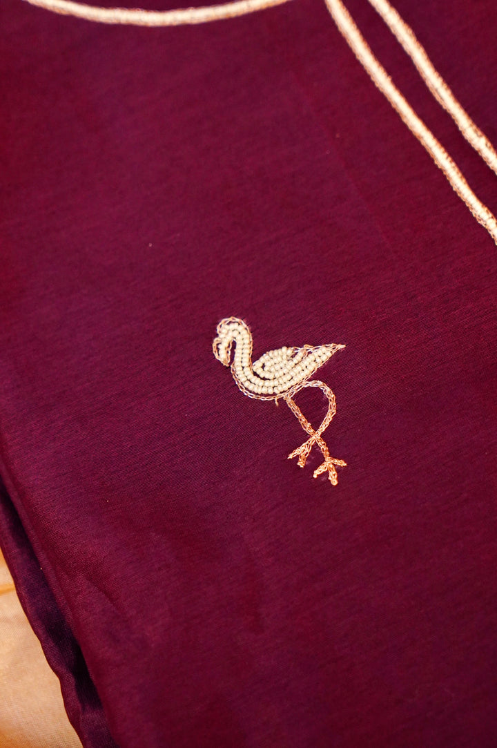 Wine Pure Chanderi Silk Suit Set with Pearl Work Birds Motif