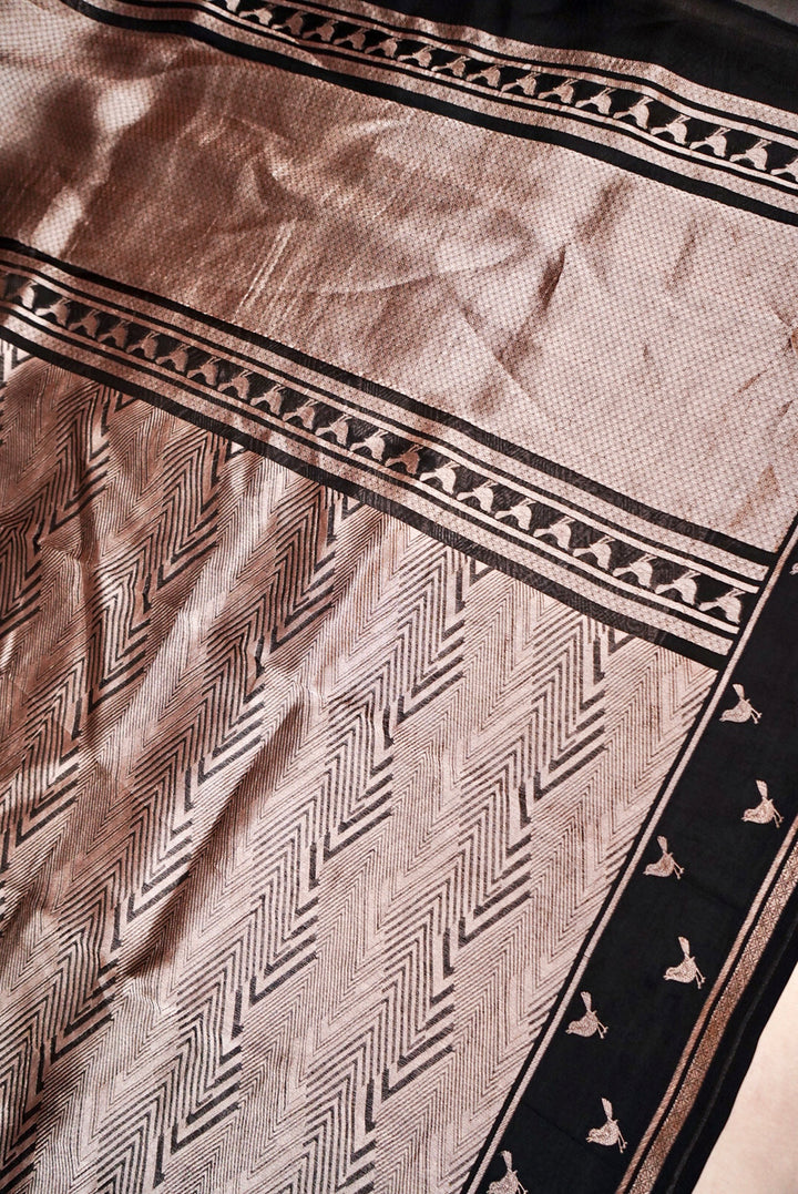 Banarasi Chevron Weave Black Pure Organza Birds Motif Saree