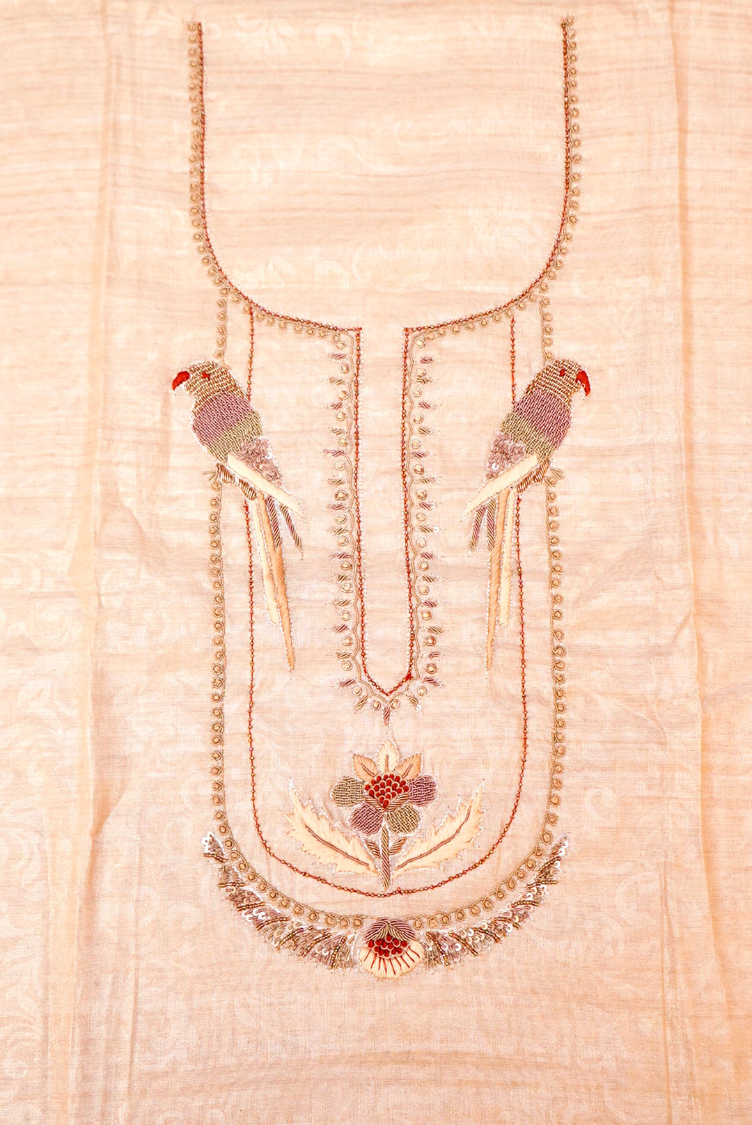 Beige Gold Pure Chanderi Tissue Silk Suit with Zardozi Embroidery