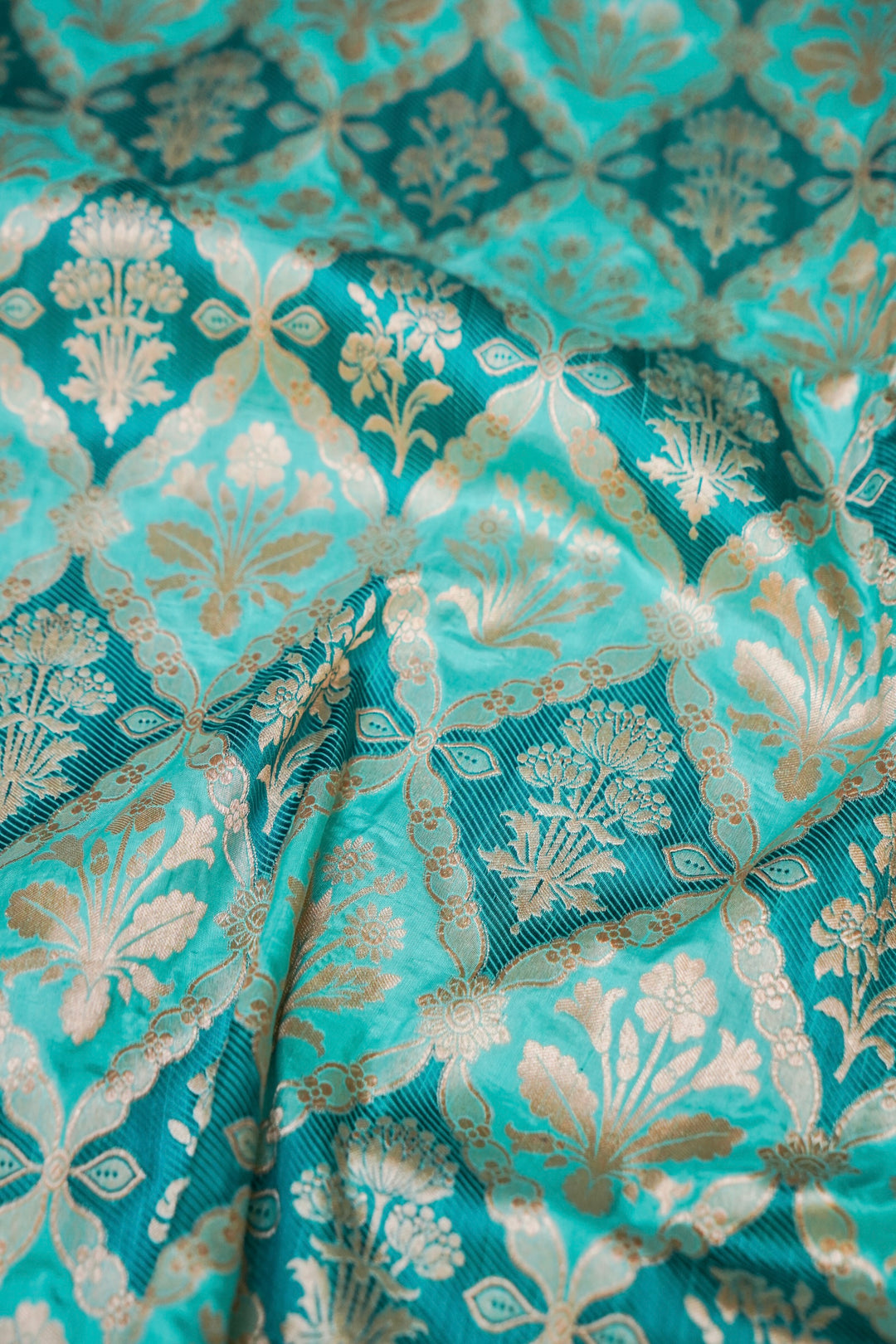 Turquoise Blue Rangkaat Bloom Pure Katan Silk Banarasi Saree View 4