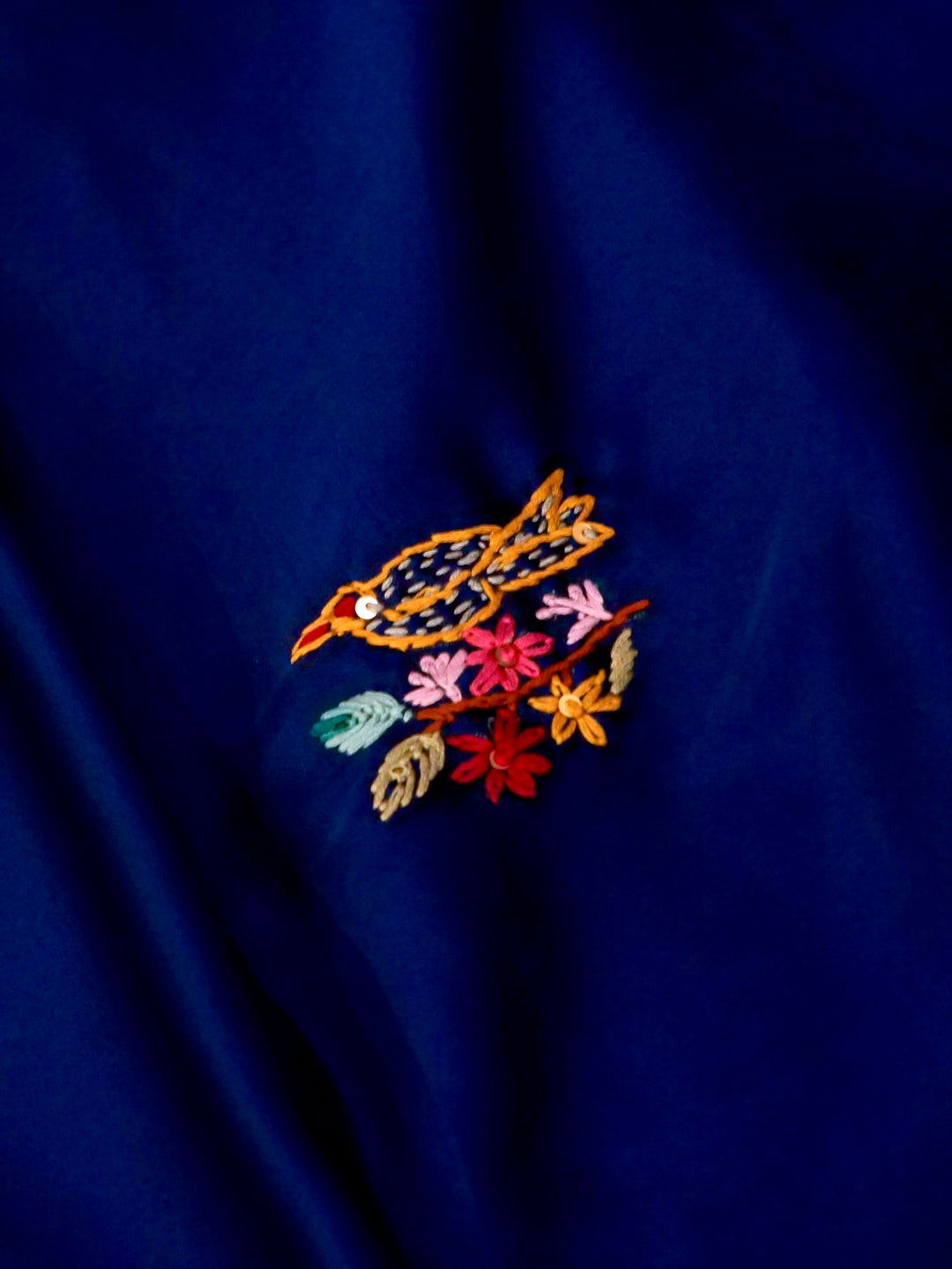 Teal Blue Ghicha Silk Saree with Hand Kantha Embroidery View 4
