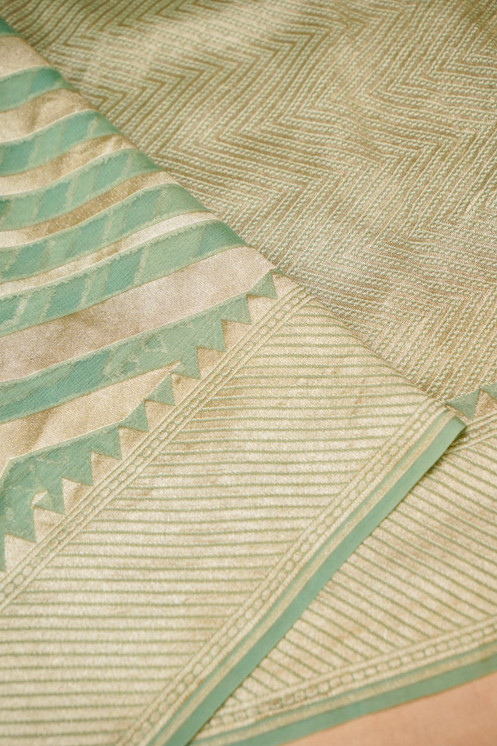 Handwoven Pure Khaddi Georgette Sage Green Chevron Pattern Saree View 3
