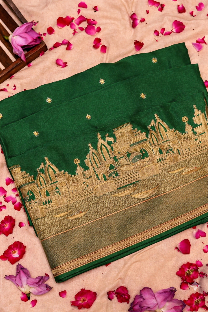 Bottle Green Banarasi Mashru Silk Saree with Ghat Design Border