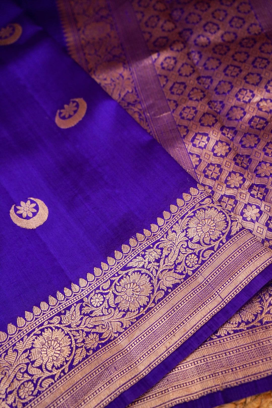 Celebrity Inspired Violet Pure Katan Silk Saree with Chand Boota Design